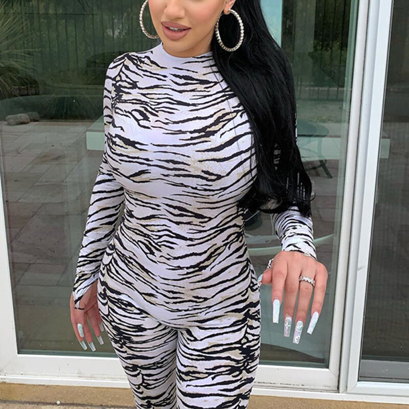 Women Tiger Print Jumpsuit Bodycon - White