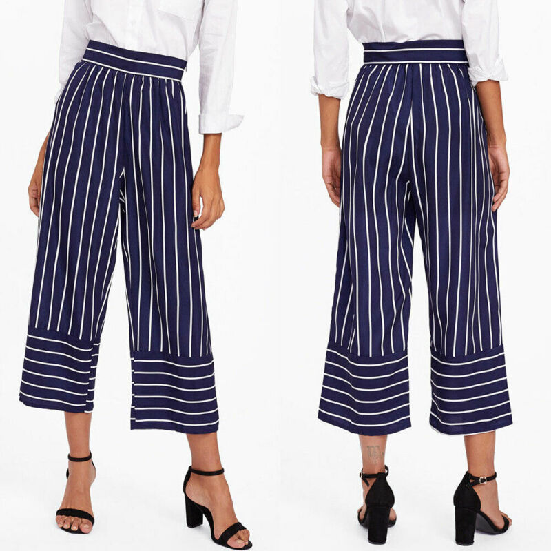 Women Wide Leg High Waist Casual Crop Trousers - Ming Blue