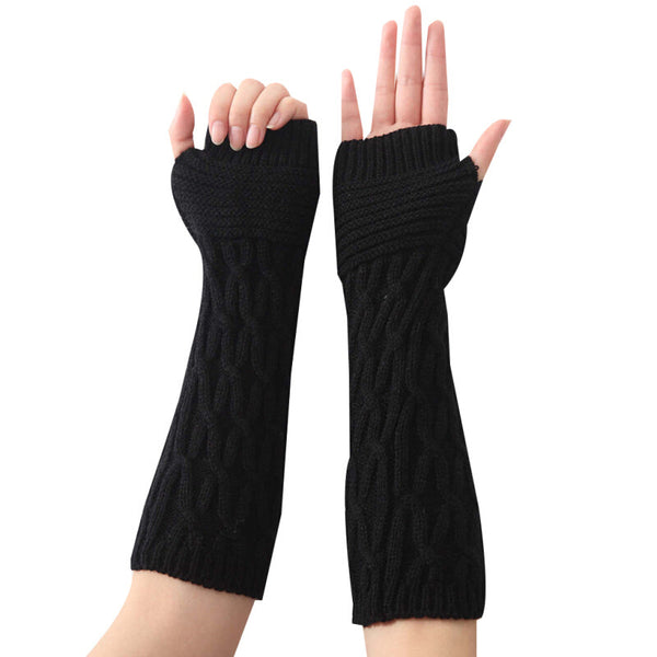 Women Winter Autumn Knitted Arm Warmer Gloves Mittens - Black