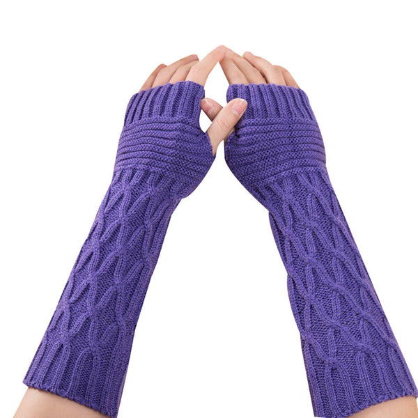 Women Winter Autumn Knitted Arm Warmer Gloves Mittens - Purple