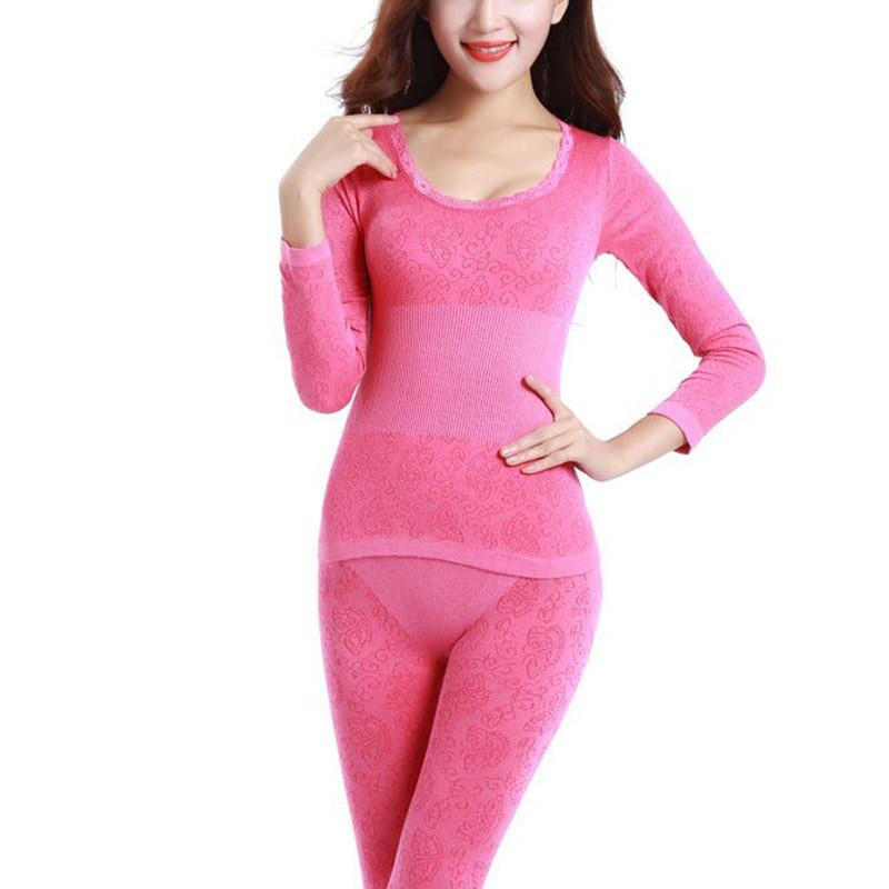 Women Winter Waist Slim Fit Thermal Underwear Set - Peach Pink