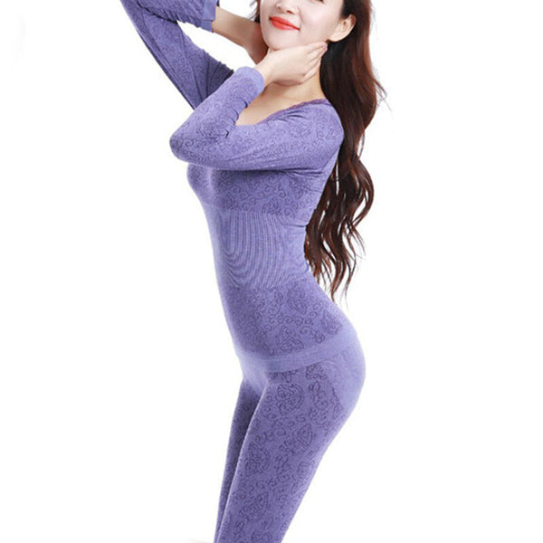 Women Winter Waist Slim Fit Thermal Underwear Set - Purple