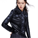 Women's Floral Pattern Embroidered Black Leather - Black