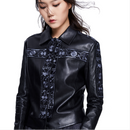 Women's Floral Pattern Embroidered Black Leather - Black