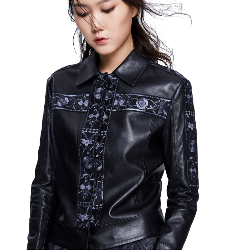 Women's Floral Pattern Embroidered Black Leather - Black