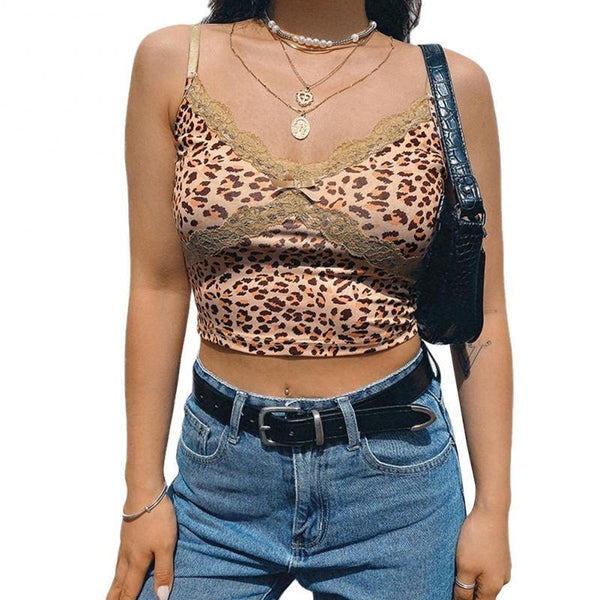 Women's Leopard Print Lace Trim Tank Top - Khaki