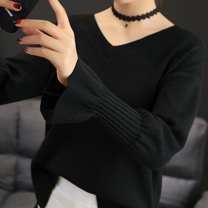 Women's Long Sleeve Casual Knitted Top - Black