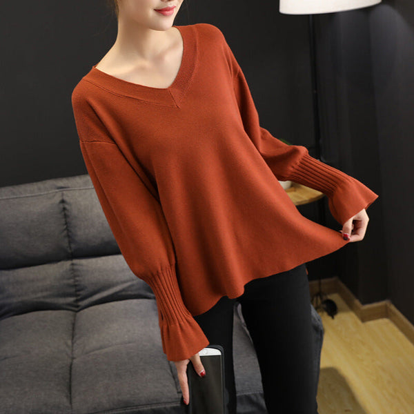 Women's Long Sleeve Casual Knitted Top - Coffee