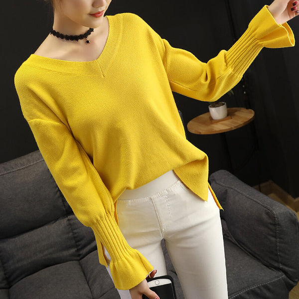 Women's Long Sleeve Casual Knitted Top - Yellow