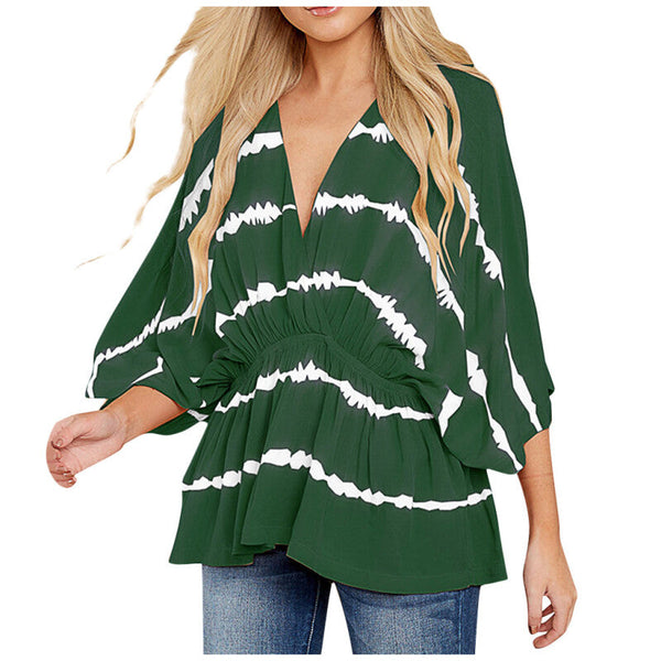 Women's Loose Gradient Print V-Neck Blouse Tops - Green