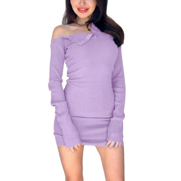 Women's Stylish Oblique Long Sleeve Dress - Purple