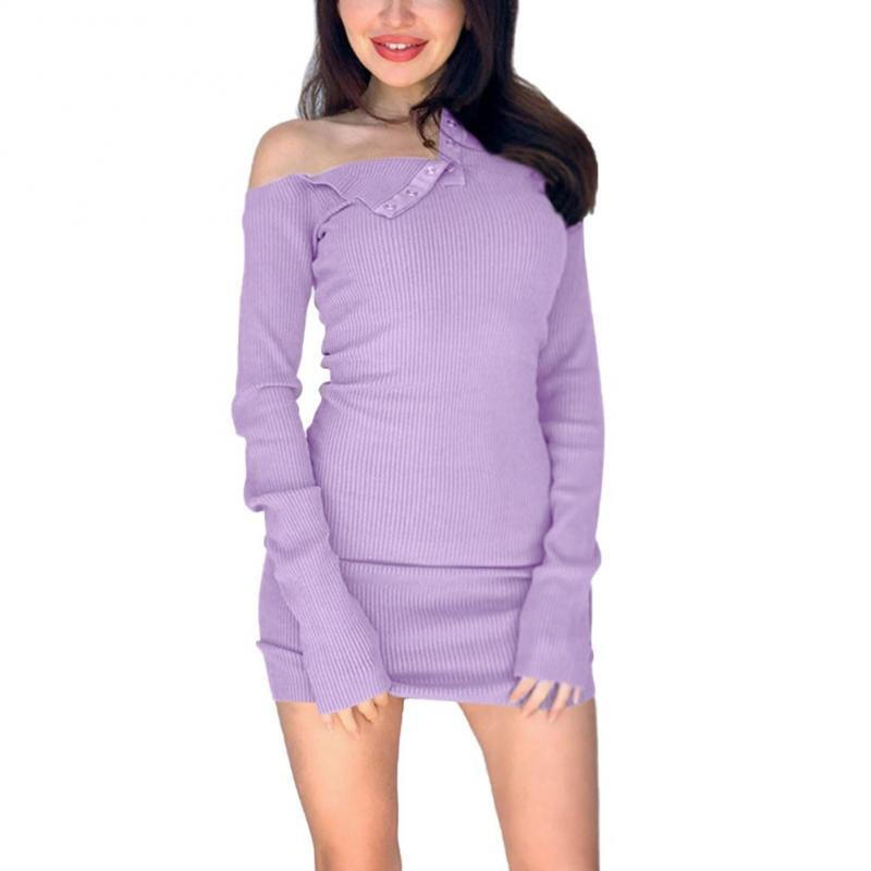 Women's Stylish Oblique Long Sleeve Dress - Purple