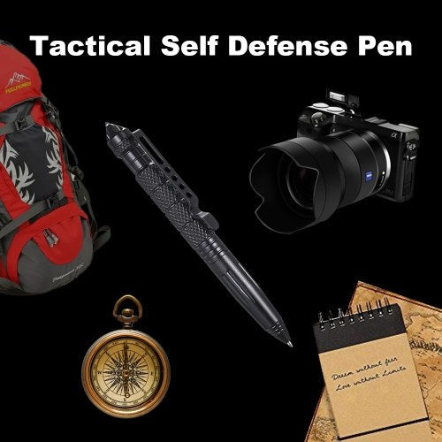 Multi-function Portable Tactic Self Defense Pen Practical Survival Emergency Tool Defensing EDC Ballpoint Steel Anti-skid Outdoor Camping Tools for Writing (Black)