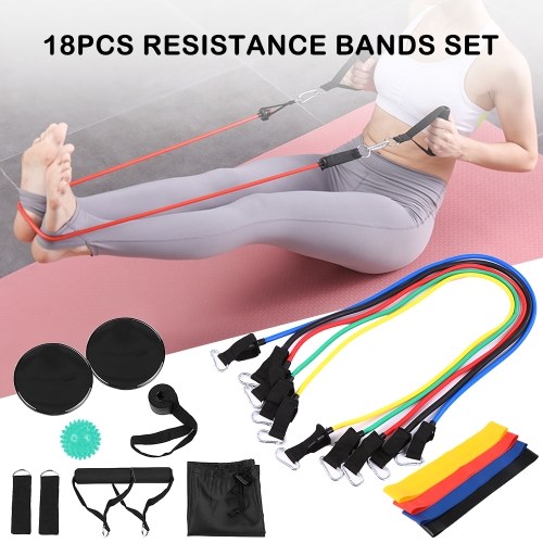 18Pcs Resistance Bands Set Workout Fintess Exercise Rehab Bands Loop Bands Tube Bands Door Anchor Ankle Straps Cushioned Handles Gliding Discs Spiky Massage Ball with Carry Bags for Home Gym Travel