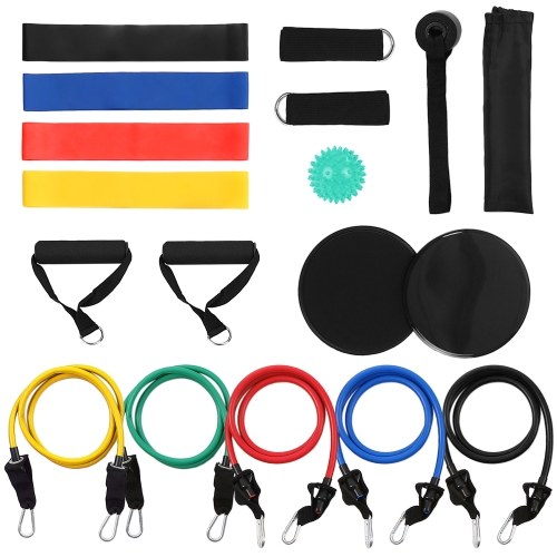 18Pcs Resistance Bands Set Workout Fintess Exercise Rehab Bands Loop Bands Tube Bands Door Anchor Ankle Straps Cushioned Handles Gliding Discs Spiky Massage Ball with Carry Bags for Home Gym Travel