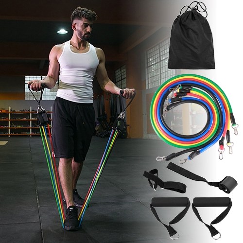 11pcs Resistance Bands Set Workout Fintess Exercise Tube Bands Door Anchor Ankle Straps Cushioned Handles with Carry Bags for Home Gym Travel