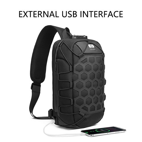 Ozuko New Style Man Chest Pack USB مقاوم للماء أكسفورد القماش حزمة كتف واحدة مضادة للسرقة مع مقبس سماعة الرأس