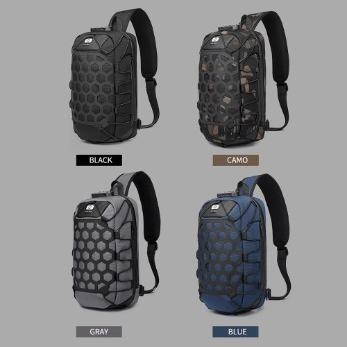 Ozuko New Style Man Chest Pack USB مقاوم للماء أكسفورد القماش حزمة كتف واحدة مضادة للسرقة مع مقبس سماعة الرأس