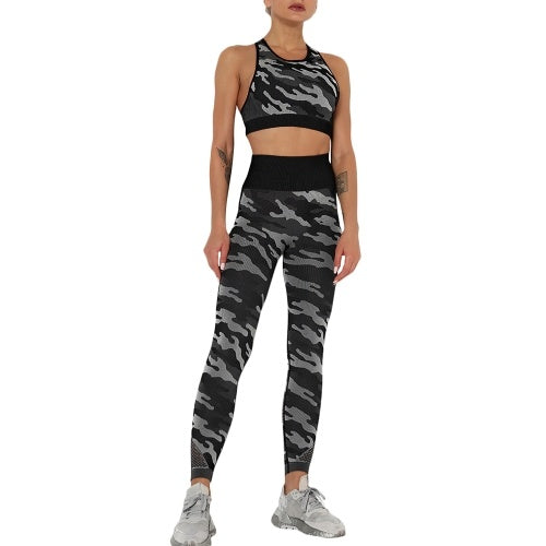 Women Camouflage Yoga Set 2-Piece Bra Tights Suit Crop Top High Waist Leggings Sports Wear