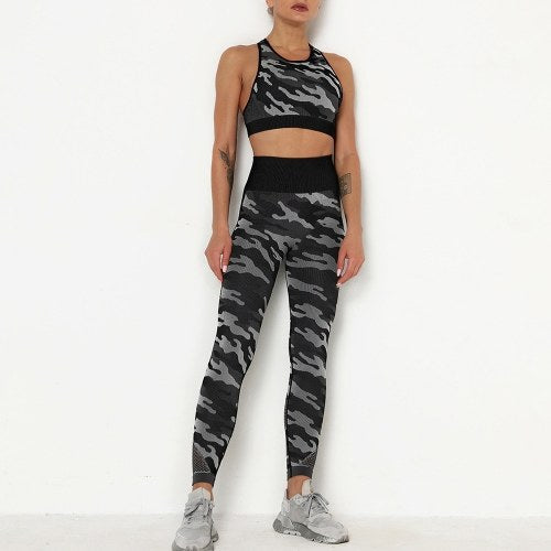 Women Camouflage Yoga Set 2-Piece Bra Tights Suit Crop Top High Waist Leggings Sports Wear