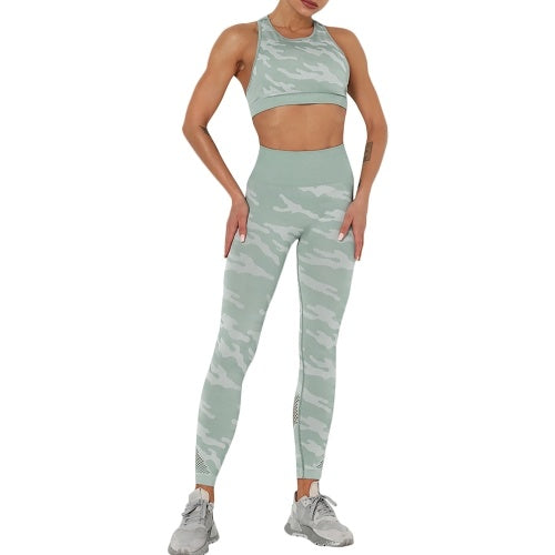 Women Camouflage Yoga Set 2-Piece Bra Tights Suit Crop Top High Waist Leggings Sports Wear