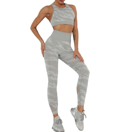 Women Camouflage Yoga Set 2-Piece Bra Tights Suit Crop Top High Waist Leggings Sports Wear