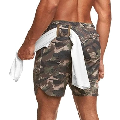 Men Shorts with Towel Loop Camouflage Elastic Waist Workout Running Yoga Short Pants Casual Summer