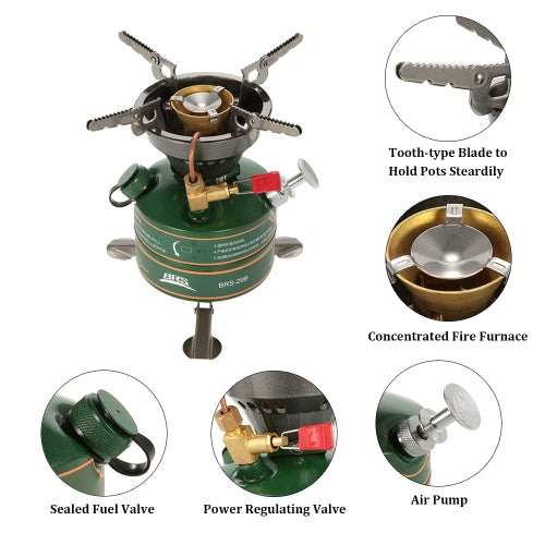 BRS في الهواء الطلق التخييم المشي لمسافات طويلة المحمولة المتكاملة غير التسخين البنزين حرق الوقود موقد البنزين موقد للتخييم الصيد نزهة فرن المرجل طباخ