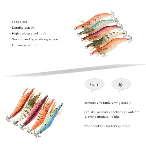 5 قطعة/المجموعة الصيد الطعم مجموعة الروبيان الصيد السحر مضيئة البلاستيك الاصطناعي الحبار الصيد الطعوم مع السنانير