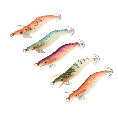 5pcs/set Fishing Bait Set Shrimps Fishing Lures Luminous Plastic Artificial Squid Fishing Baits with Hooks