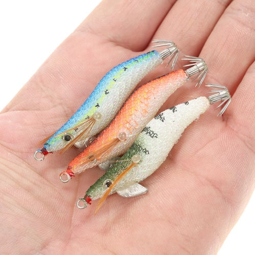 5pcs/set Fishing Bait Set Shrimps Fishing Lures Luminous Plastic Artificial Squid Fishing Baits with Hooks