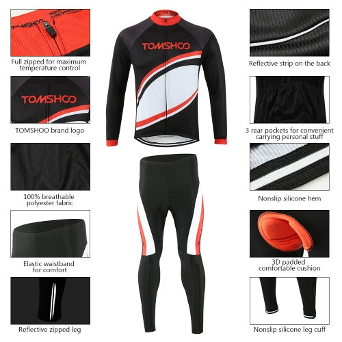 TOMSHOO Spring Autumn Men Cycling Clothing Set Sportswear Road Mountain Bicycle Bike Outdoor Full Zip Long Sleeve Cycling Jersey + 3D Padded Pants Trousers Breathable Quick-dry