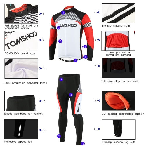 TOMSHOO Spring Autumn Men Cycling Clothing Set Sportswear Road Mountain Bicycle Bike Outdoor Full Zip Long Sleeve Cycling Jersey + 3D Padded Pants Trousers Breathable Quick-dry