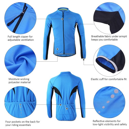 Arsuxeo Outdoor Sports Cycling Jersey Bike Bicycle Full Zip Long Sleeve Shirt MTB Bike Riding Clothing Jersey