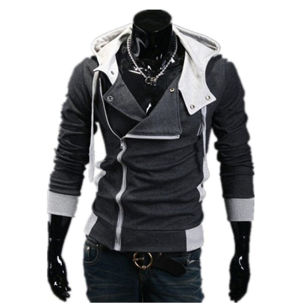 Zogaa New Men's Slim Oblique Zipper Hoodie - Deep Gray