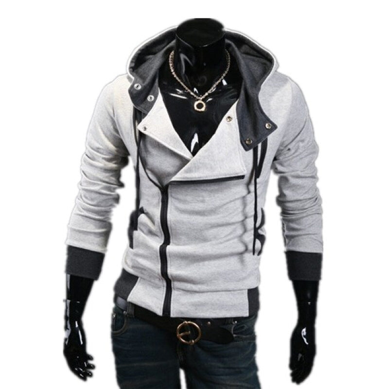 Zogaa New Men's Slim Oblique Zipper Hoodie - Light Gray