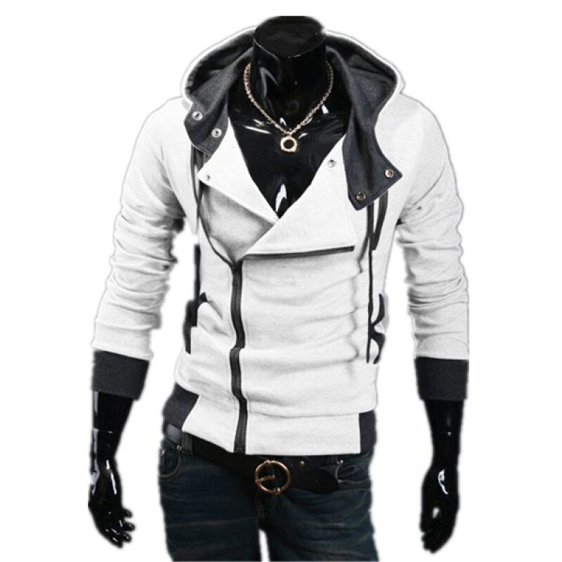 Zogaa New Men's Slim Oblique Zipper Hoodie - White