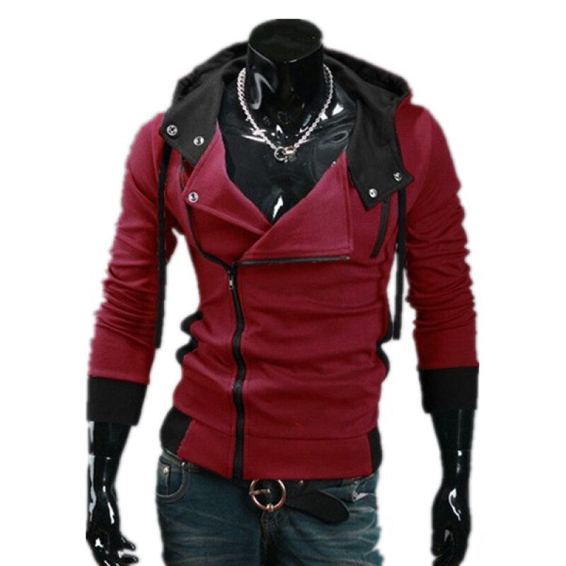 Zogaa New Men's Slim Oblique Zipper Hoodie - Wine Red