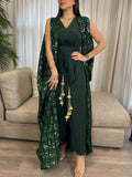 KTX-7981918716120 Green Geometric Embroidery Sequin Jumpsuit and Outwear Two-Piece Set