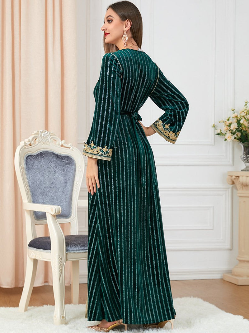 Solid Color Belt Design V Neck Long Sleeve Velvet Dress