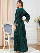 KTX-7982840709336 Solid Color Belt Design V Neck Long Sleeve Velvet Dress