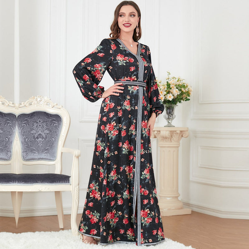 Rose Pattern Bind Design Long Sleeve V Neck Elegant Gown