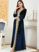 KTX-7982838284504 Blue Velvet Embroidery Pattern V Neck Long Sleeve Dress