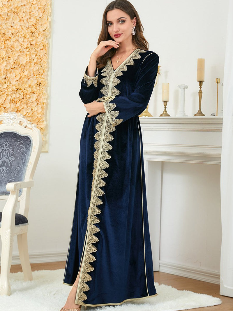 Blue Velvet Embroidery Pattern V Neck Long Sleeve Dress