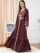 Fishtail Hemline Embroidery Pattern Long Sleeve V Neck Lady Abaya