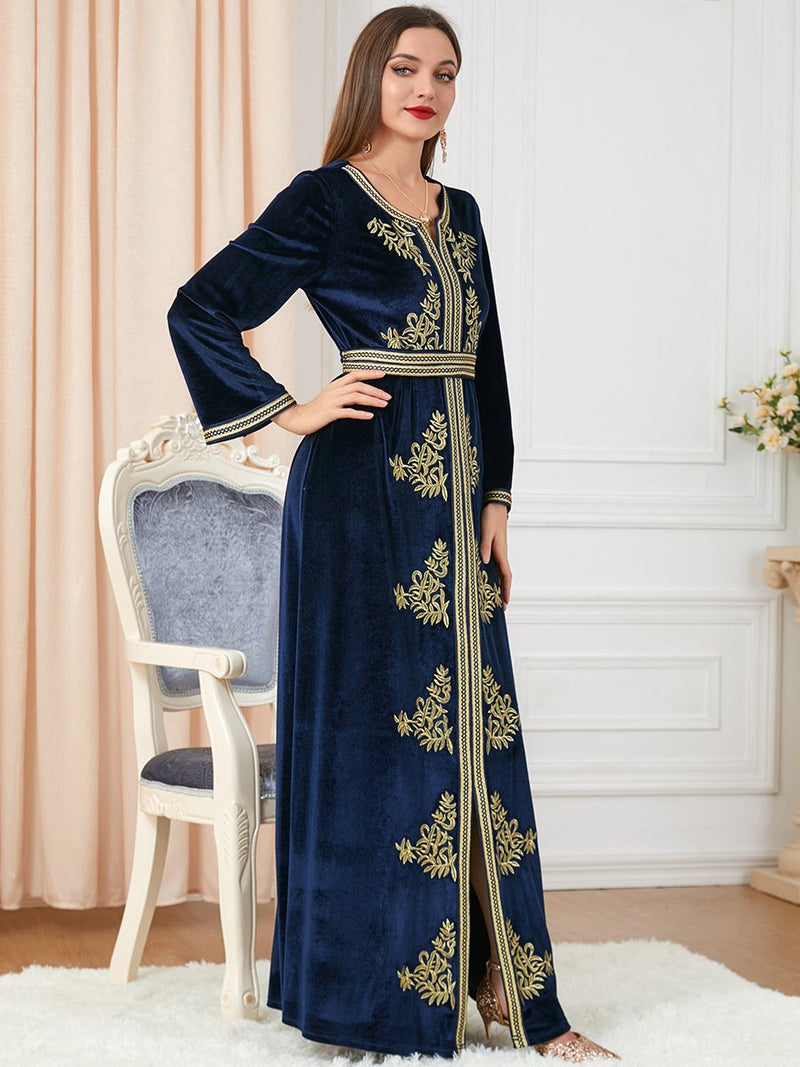 Blue Velvet V Neck Split Golden Print Long Sleeve Evening Dress