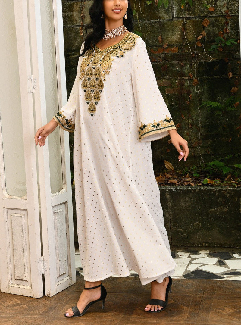 KTX-7982841856216 Ethnic Pattern V Neck Long Sleeve Kaftan