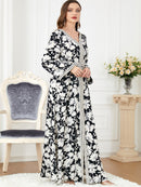 White Flowers Binded Split Design V Neck Long Sleeve Gown