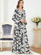 White Flowers Binded Split Design V Neck Long Sleeve Gown