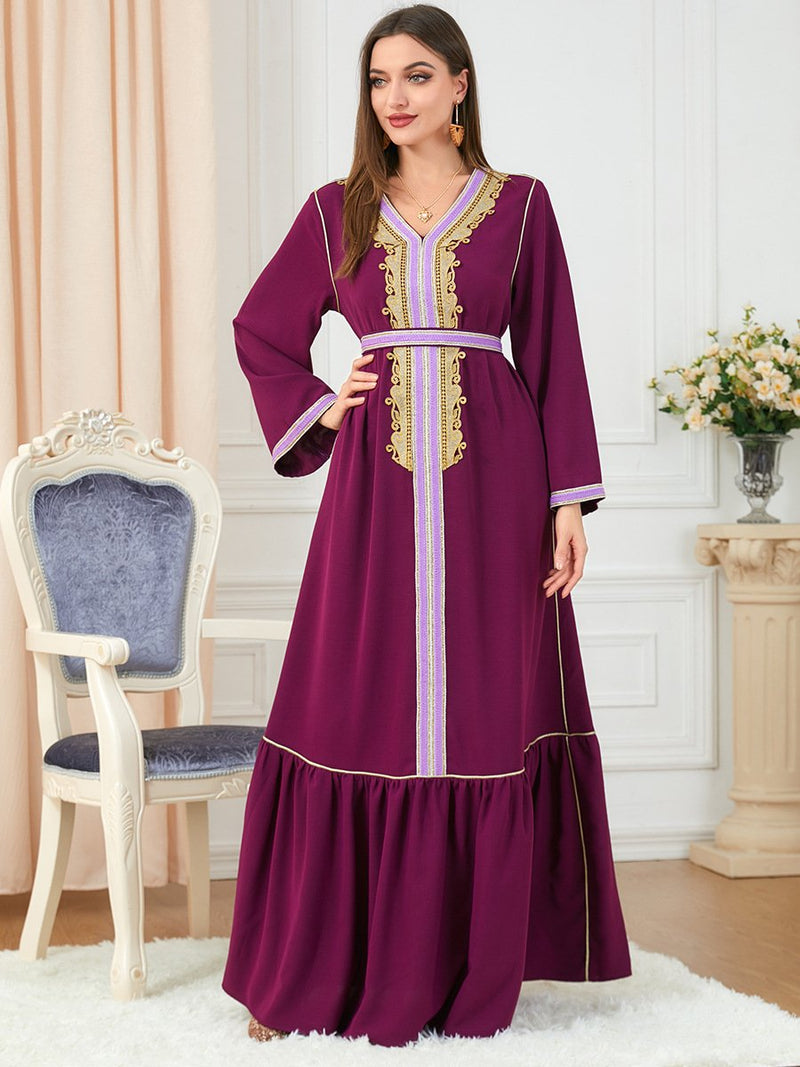 KTX-7982838218968 Embroidery Print Splicing Design V Neck Long Sleeve Dress